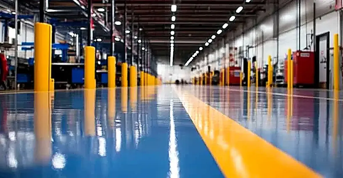 Piso epóxico azul con demarcación amarilla